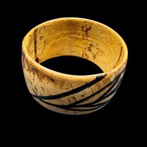 Wide Bangle Wooden Bracelet Carved Boho Artisan Made